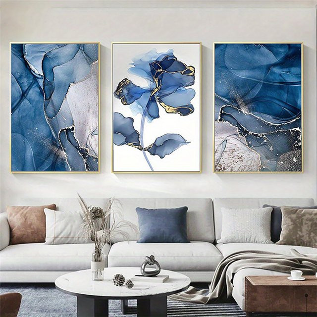 3er-Set rahmenlose Leinwandbilder von HALFLEMART mit blauem abstrakten Marmor- und Blumen-Design im nordischen Stil - Bild 1