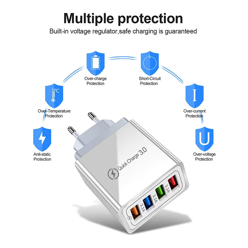Kuwai Multi-Port USB-Schnellladegerät mit 4 USB-A Anschlüssen und Quick Charge 3.0 für Handy und Tablet, EU-US-Stecker - Bild 3