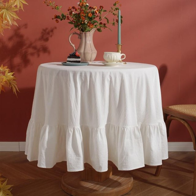 Waschbare runde Baumwolltischdecke mit Rüschen in Weiß von YT Daily Necessities, Durchmesser: 160 cm - Bild 1