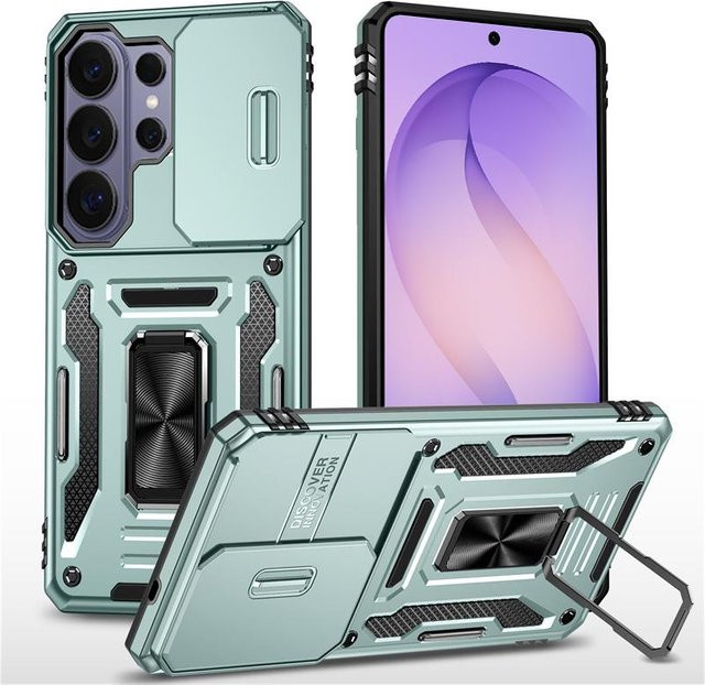 Samsung Handyhülle mit Ringständer und schiebbarer Kameralinse im Militärgrad-Design für Galaxy S26 S25 S24 S23 S22 Ultra Plus FE in Grün - Bild 1