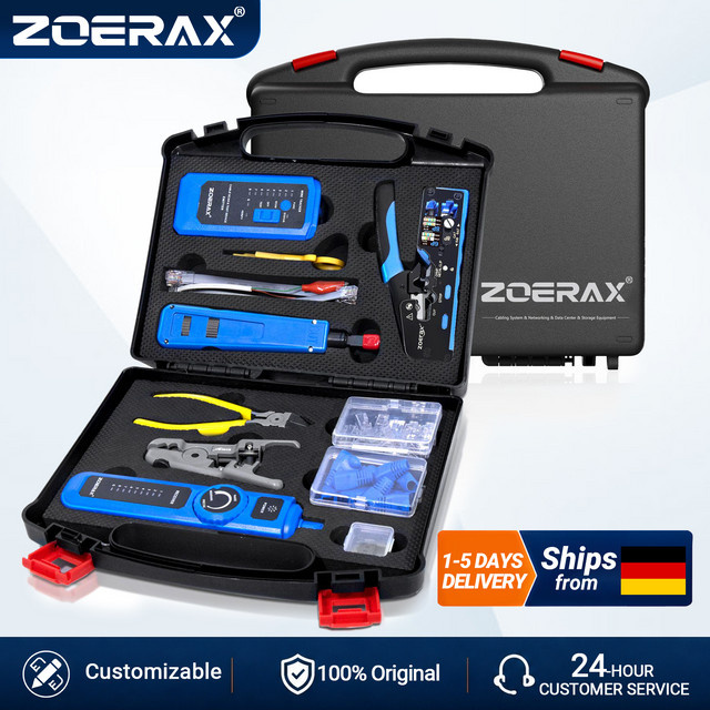 ZoeRax CAT7/CAT6 Pass-Through RJ45 Crimpwerkzeug-Set mit Netzwerkkabeltester, Einpresswerkzeug, Abisolierwerkzeug und CAT6/CAT5 Steckern - Bild 1