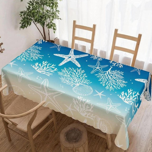 Wasserdichte rechteckige Tischdecke von JINGYUE Pet mit Ozeanischem Seestern und Korallen-Design in Blau, B/L: 100 x 160 cm - Bild 1