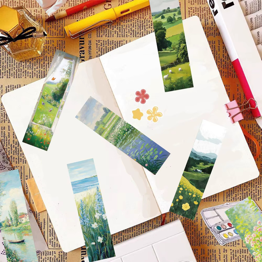 30er Set Ästhetische Lesezeichen mit Frühlingslandschaft in Grün und Multicolour aus Papier - Bild 2