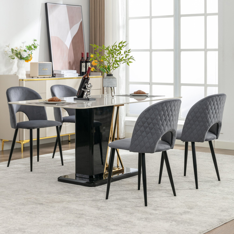 4er Set Esszimmerstühle von Aosom in Grau mit Samtoptik, gepolsterte Rückenlehne mit Rautenmuster und höhenverstellbar, B/T/H: 47 x 44 x 84 cm - Bild 1