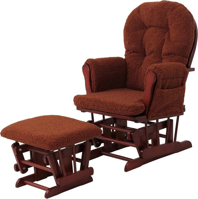 MCW Relaxsessel C76 Schaukelstuhl mit Hocker aus Stoff Bouclé in Rostbraun mit dunklem Massivholzgestell - Bild 2