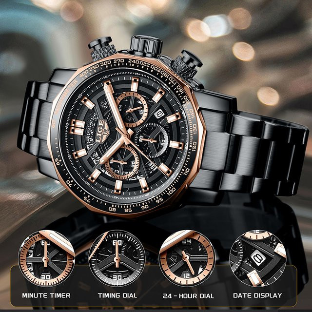 TOP LIGE Armbanduhr, Quarz, Edelstahl, Schwarz, Silber, Herren - Bild 1
