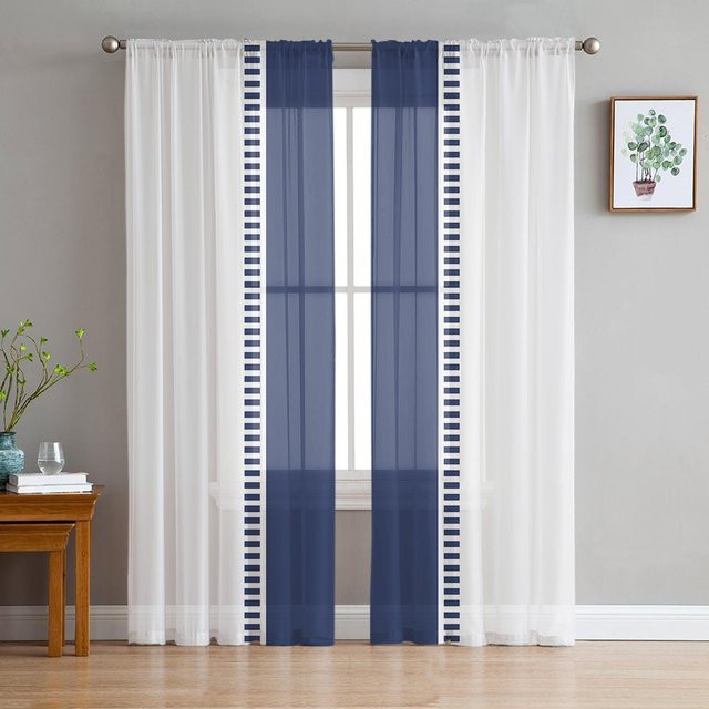 Transparente Voile-Vorhänge mit blauem Streifenmuster von Household supplies MH in Weiß, Breite: 135 cm, Höhe: 274 cm - Bild 1