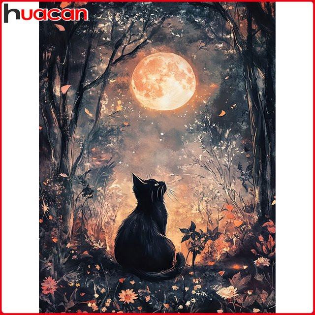 Huacan Diamantgemälde Set Katze und Mond mit Rundbohrern, Dekorative Tierlandschaft in Multicolour, Breite: 30,0 cm, Höhe: 20,0 cm, Tiefe: 20,0 cm - Bild 1