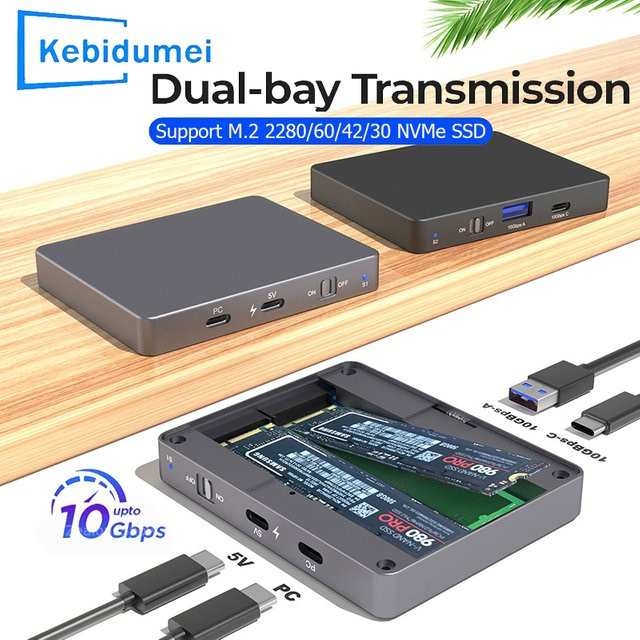 Kebidu Dual-Bay M.2 NVMe SSD-Gehäuse mit USB-C, 10Gbps USB 3.2 Gen2 Dockingstation für NVMe SSD Größe 2280, Grau - Bild 1