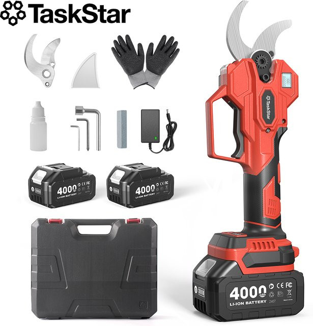 TaskStar Kabellose Elektrische Gartenschere mit 40mm Schneide, 3-Gang Einstellbar, Rot, inklusive 2 Akkus à 4,0Ah - Bild 1