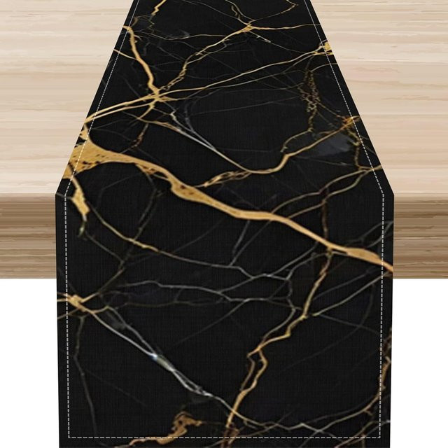JINGYUE Pet Tischläufer aus Leinen in Schwarz und Gold mit Marmor-Design, B/H: 150 x 33 cm - Bild 1
