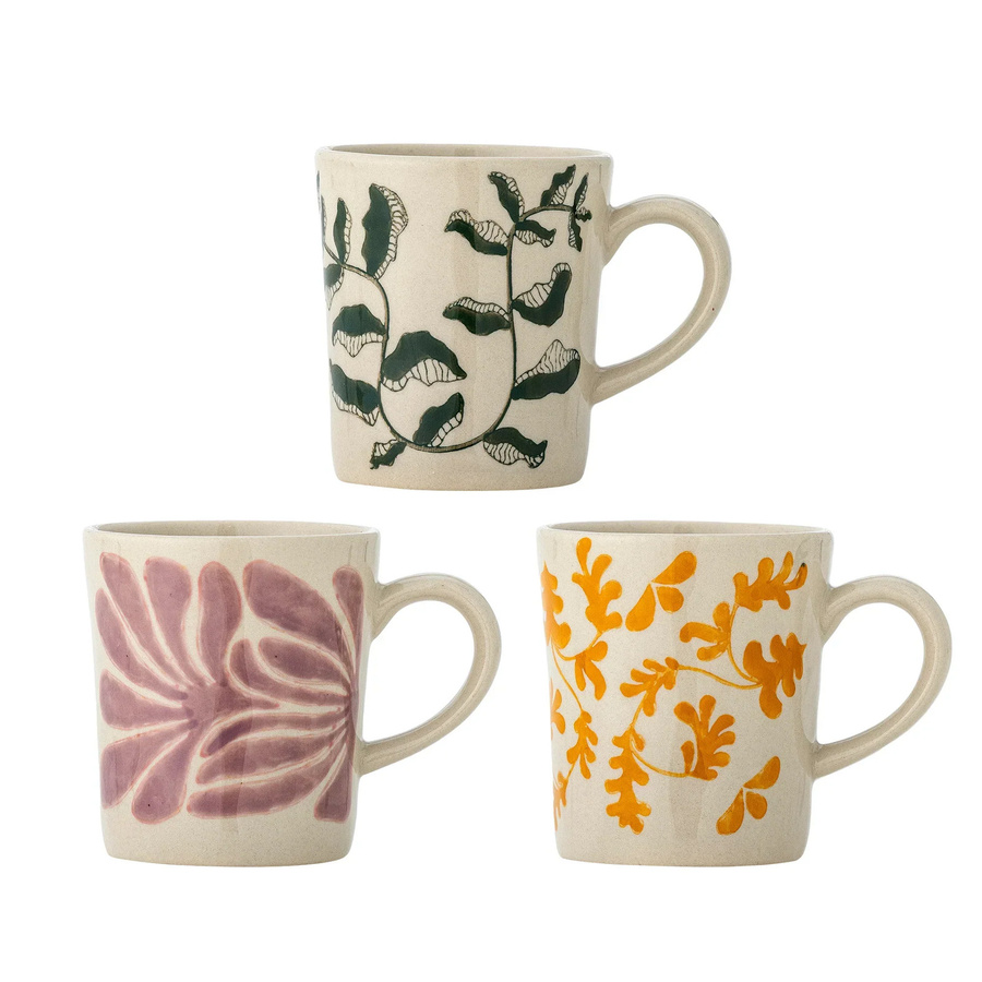 Bloomingville Steingutbecher Fauni 3er-Set mehrfarbig mit floralem Design - Bild 1