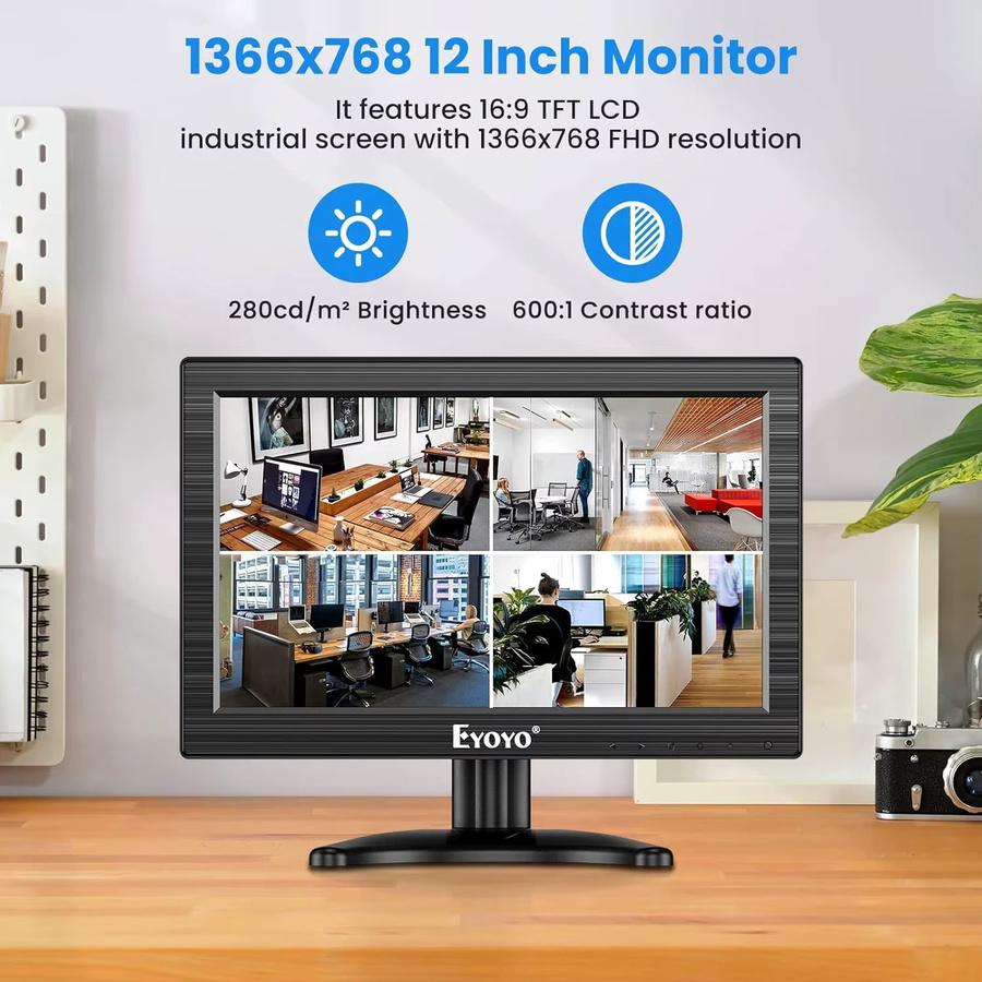 Eyoyo 12 Zoll TFT-LCD-Monitor in Schwarz mit HD-Auflösung, HDMI, USB-C, AV, BNC und VGA sowie integrierten Lautsprechern - Bild 2