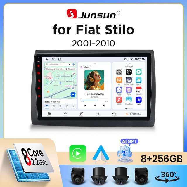 Junsun Wireless CarPlay und Android Auto Autoradio für Fiat Stilo (2001-2007) mit GPS, WiFi, Bluetooth und IPS Touchscreen in Schwarz - Bild 1
