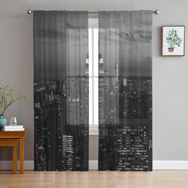 Grauer transparenter Voile-Vorhang mit New York City-Motiv von Household supplies MH, Breite: 250 cm, Höhe: 250 cm - Bild 1