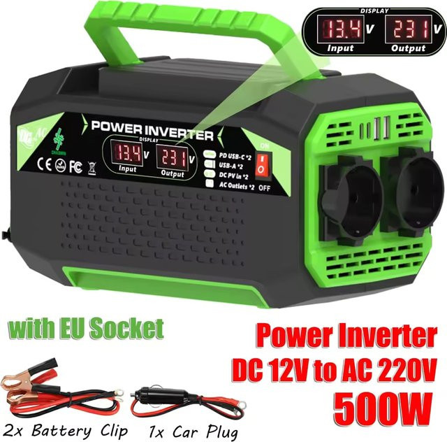 GECOFEER 500W Stromwechselrichter DC 12V zu AC 220V Spannungswandler mit USB-A und USB-C Anschlüssen sowie EU-Steckdose für Laptops und Außeneinsatz - Bild 1