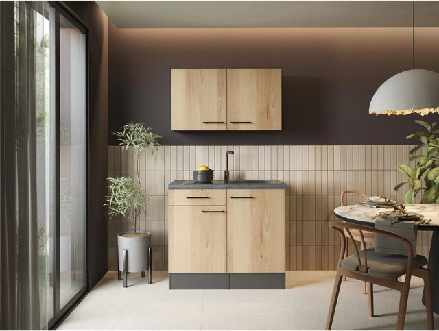 Respekta Kleinküche Oliver Set in Artisan Eiche mit Einbauspüle in Granit Optik, Breite: 100 cm, Höhe: 82 cm, Tiefe: 60 cm - Bild 1