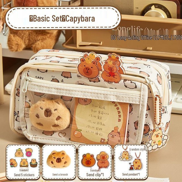 Wish Today Capybara Cartoon Federmäppchen mit neun Schichten für Grundschüler, mehrfarbiges Schreibwaren-Set aus Textil - Bild 1