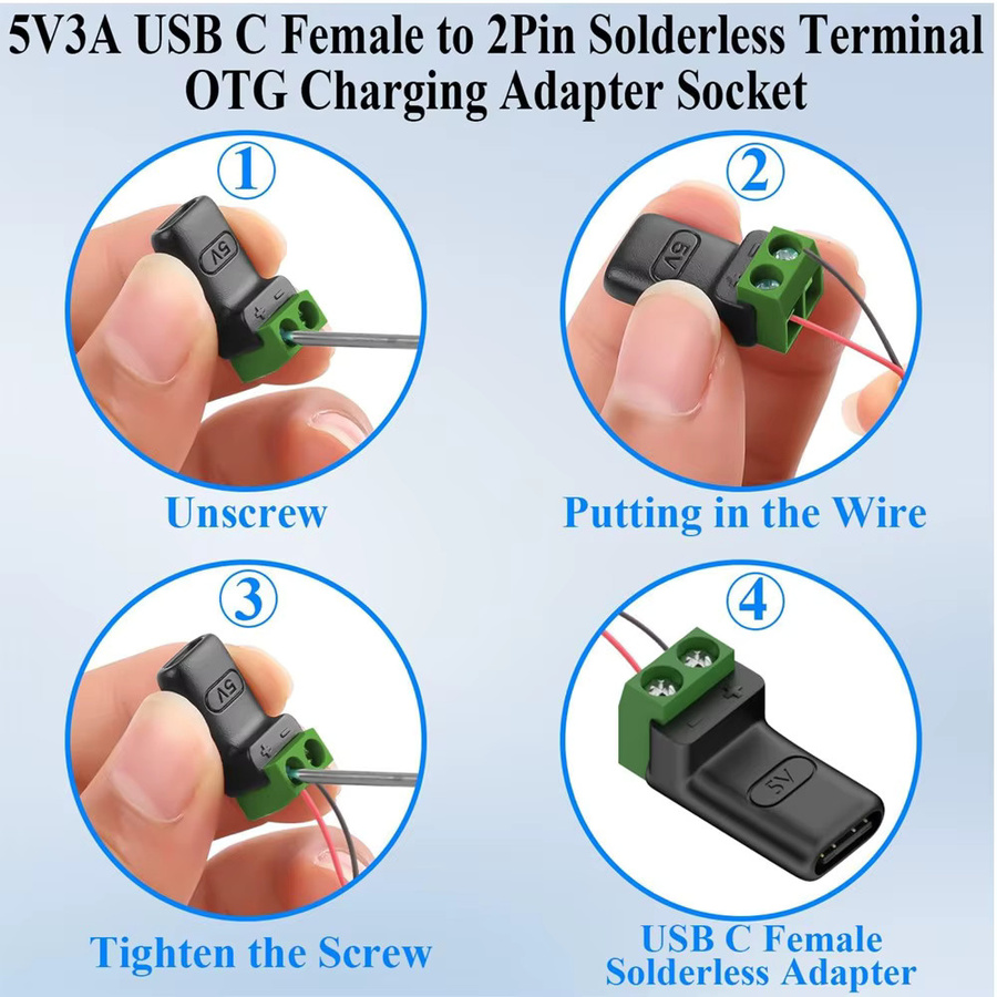BAPPSUS Lötfreier Anschlussadapter USB C und Micro-Stecker auf 2-Pin Typ-C Buchse mit 2-Pin Crimp-Klemmenblock, Schwarz - Bild 6