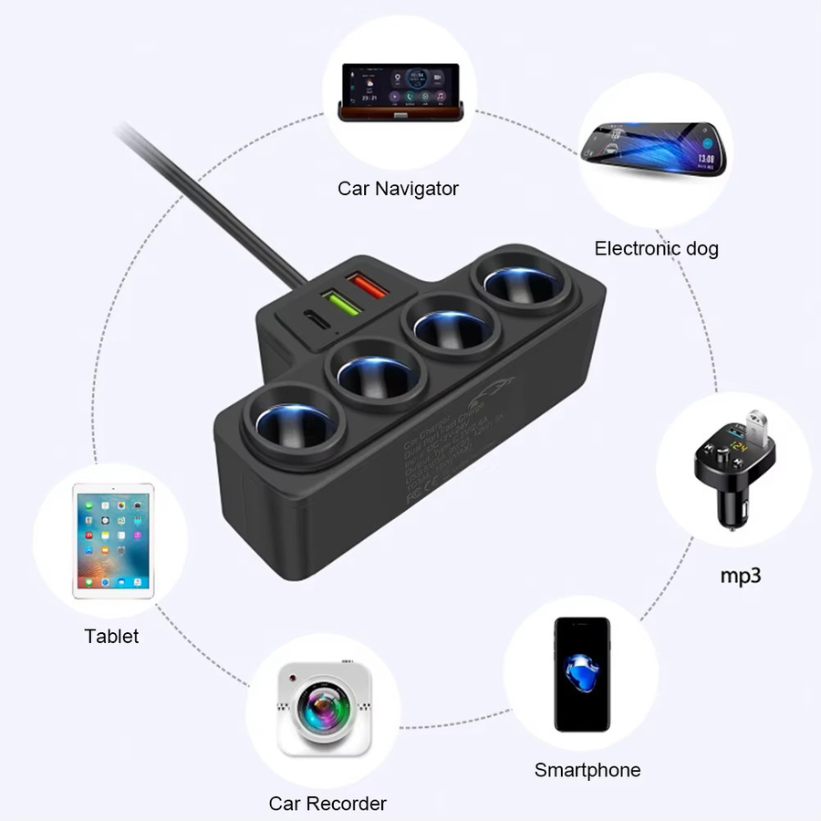 APWIKOGER Auto-Zigarettenanzünder-Steckdosenverteiler mit 3 USB-Anschlüssen QC3.0 und PD 3.1A Schnellladegerät, 4-fach Steckdose 18W Stromadapter, Schwarz - Bild 3
