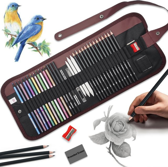 38-teiliges Künstlerbedarf Skizzenstifte-Set mit Graphitstiften, Kohlestiften und 12 Metallic-Bleistiften in Multicolour - Bild 1