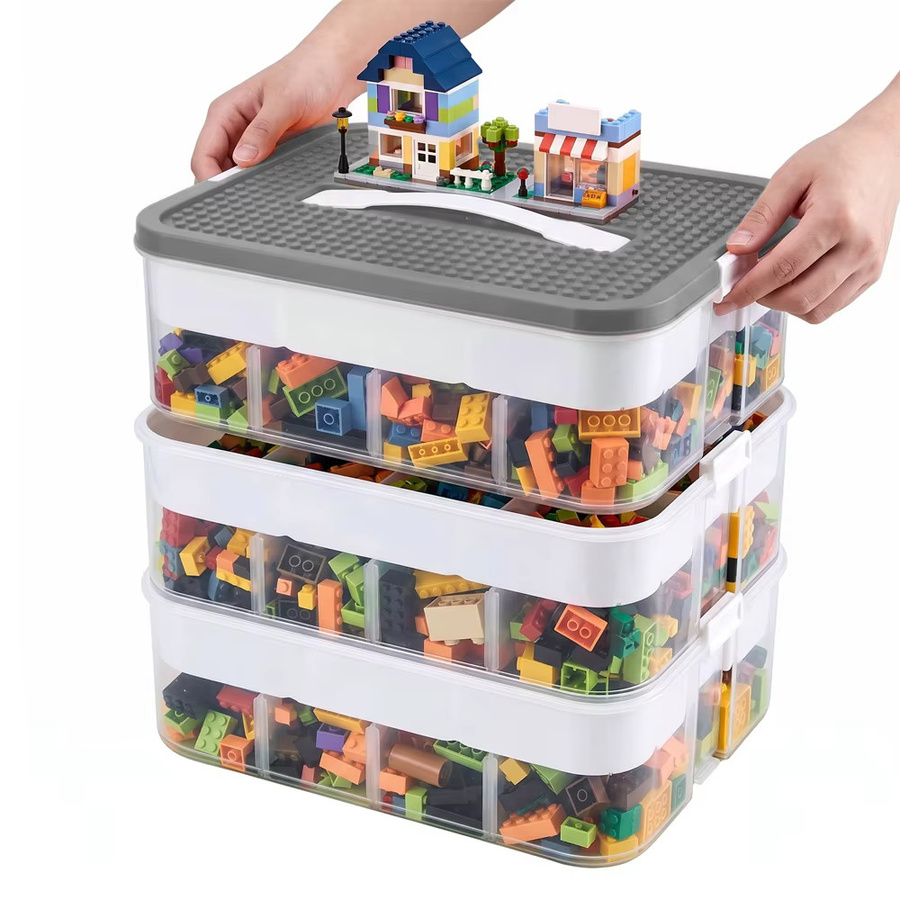 HGTUGO 3-Schichtige Bausteine-Aufbewahrungsbox mit Deckel, Transparente Stapelbare Spielzeugorganisationsbox aus Kunststoff, Beige, Höhe: 32,5 cm, Breite: 30,5 cm - Bild 2