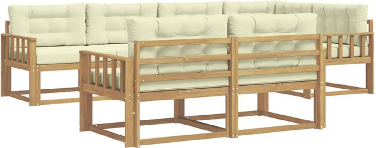 vidaXL Outdoor-Sofagarnitur aus Akazienmassivholz mit Kissen in Weiß und Beige, 6-teiliges Loungemöbel-Set aus Polyester, Modern - Bild 1