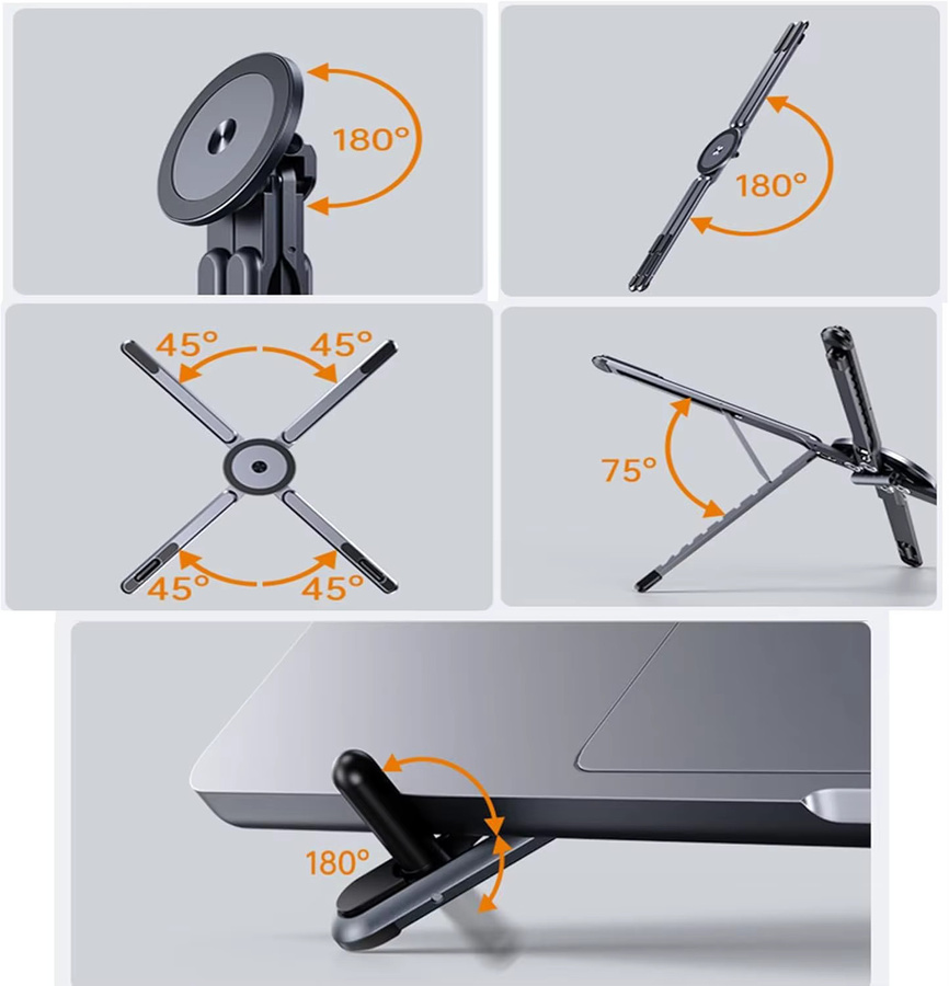 Verstellbarer 3-in-1 Laptop-Ständer aus Aluminiumlegierung, magnetisch und faltbar, für Laptops, Tablets und Handys, Farbe: Orange - Bild 3