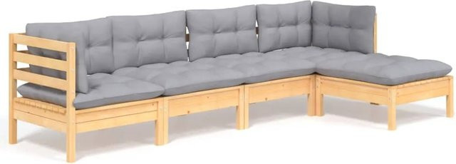 vidaXL 5-tlg. Garten-Lounge-Set aus Kiefernholz in Braun-Grau mit grauen Polstern und Kissen in L-Form - Bild 1