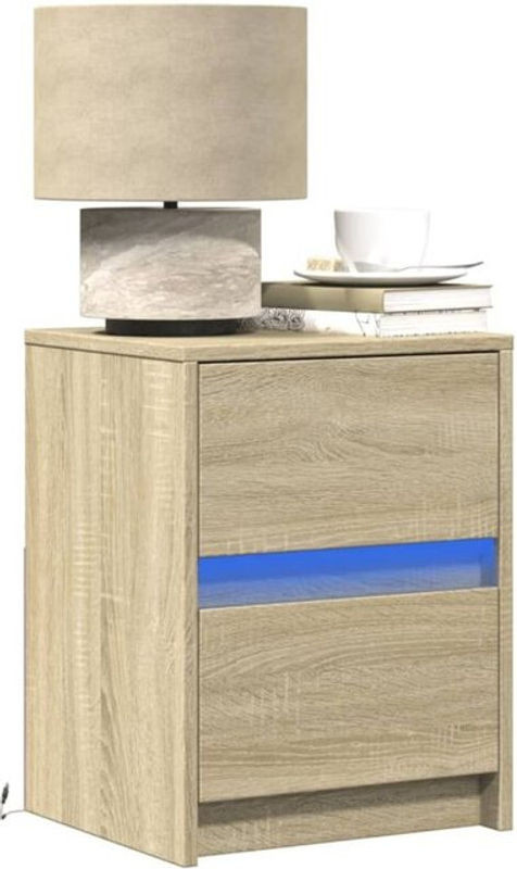 VIDAXL Set aus 2 Nachttischen mit LED-Leuchten in Sonoma Eiche Natur und Braun aus Holzwerkstoff im modernen Design - Bild 1