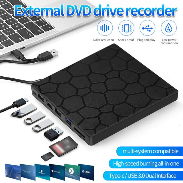GGBEE 7-in-1 Externes DVD-Laufwerk mit USB-C und USB 3.0, Tragbarer CD-Brenner für Desktop, Mac, Windows und Linux, Schwarz - Bild 1