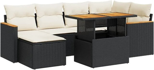 vidaXL 7-teilige Garten-Sofagarnitur in L-Form aus Poly-Rattan und Akazienholz in Schwarz-Creme mit Kissen - Bild 1