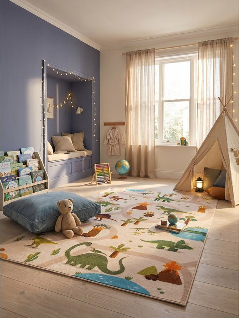 Waschbarer Kinderteppich Dinosaurier-Landschaft von Kadima Design in Beige, B: 160 cm, T: 230 cm - Bild 1