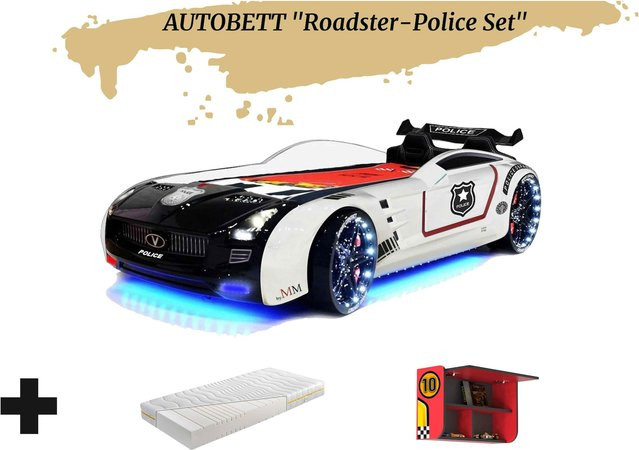 Autobett Kinderbett Roadster Police in Schwarz-Weiß mit LED-Unterbodenbeleuchtung, Sound und Sportsitzen, B/T/H: 90 x 190 cm - Bild 1