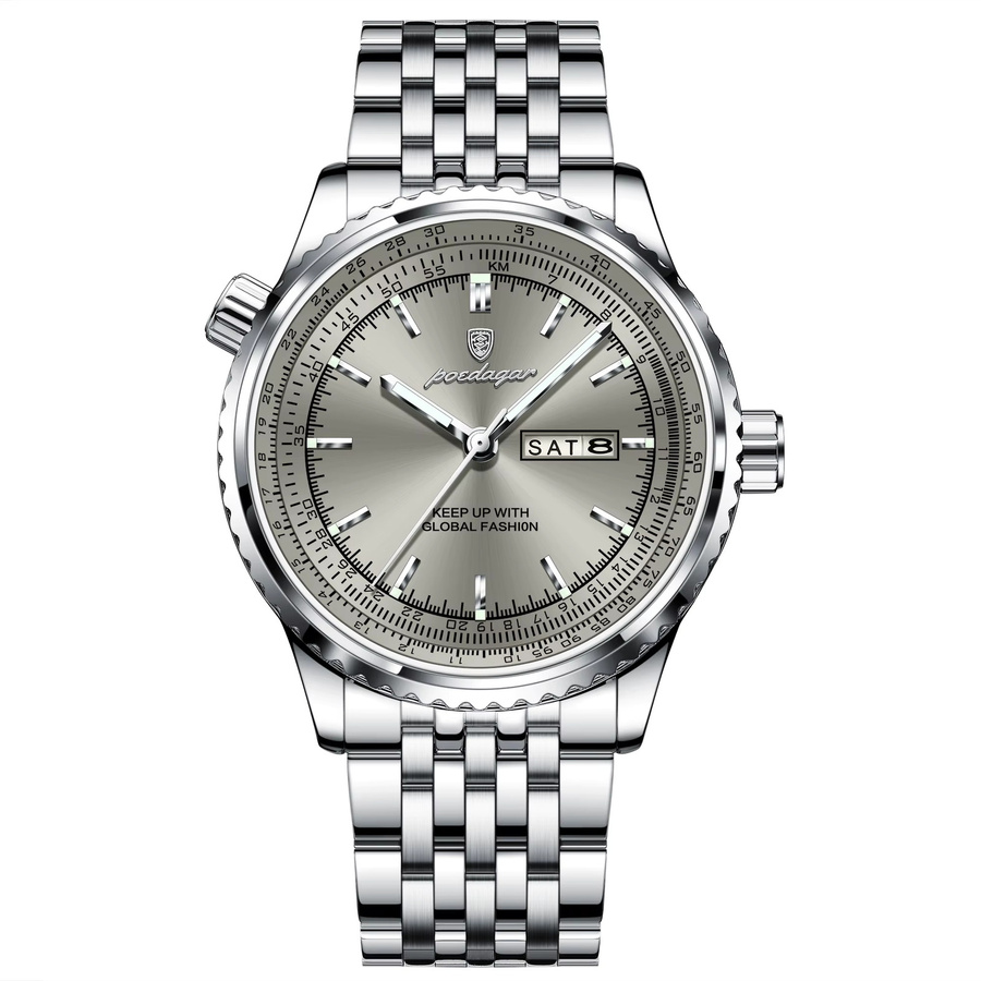 POEDAGAR Armbanduhr Edelstahl, Quarz, Datum, Wochentag, Silber, Herren - Bild 7