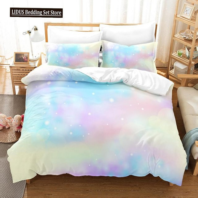 Bettwäsche Set Wolkenhimmel mit Regenbogen Muster in Rosa und Blau für Kinder, Material Mikrofaser Polyester, B/H: 135 x 200 cm - Bild 1