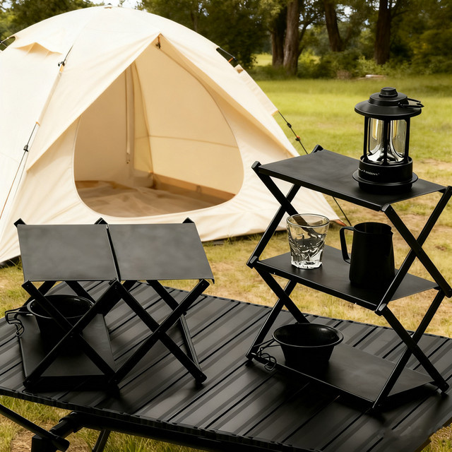 AZULBLANCO Dreistufiges Outdoor-Lagerregal aus Metall, zusammenklappbares Desktop-Organizer für Garten, Picknick und Grillen, Schwarz Matt - Bild 1
