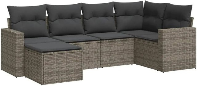 vidaXL 6-teilige Garten-Sofagarnitur in L-Form aus grauem Poly-Rattan mit Kissen und pulverbeschichtetem Stahlgestell - Bild 1