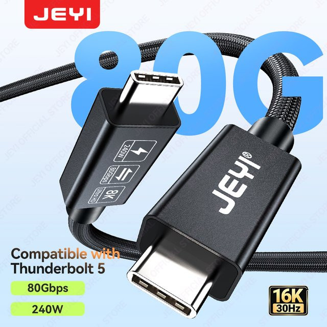 JEYI Thunderbolt 5 Kabel mit 80 Gbit/s bis 120 Gbit/s Bandbreite für 16K/8K-Video und 240 W PD-Schnellladung in Schwarz mit geflochtenem Nylon - Bild 1