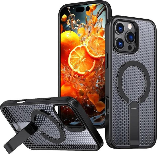 ANAISUFEI MagSafe Magnetische Schutzhülle mit Kühl-Wärmeableitung und verstecktem Ständer für iPhone 12 bis iPhone 17 Pro Max Plus, Schwarz - Bild 1