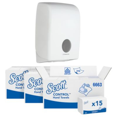 Kimberly-Clark Scott Control Papierhandtücher Sparset: 15 Packungen à 212 Blatt inklusive Aquarius Papierhandtuchspender 6945 in Weiß - Bild 1