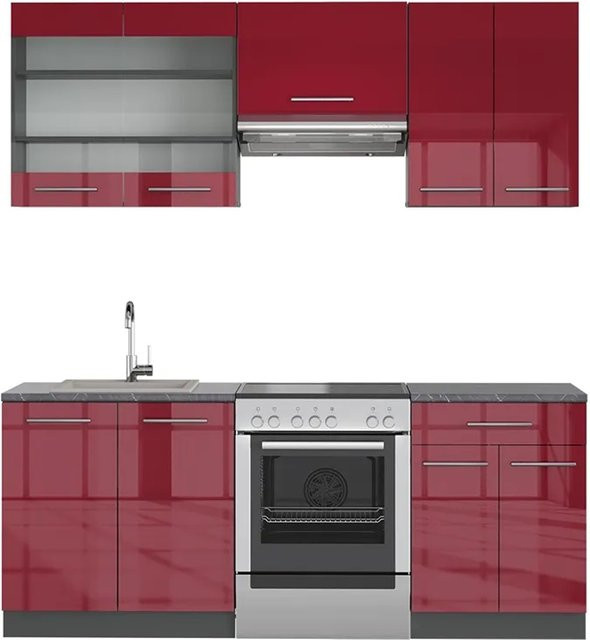 Vicco Fame-Line Küchenzeile Bordeaux Hochglanz und Anthrazit, Breite: 200 cm - Bild 1