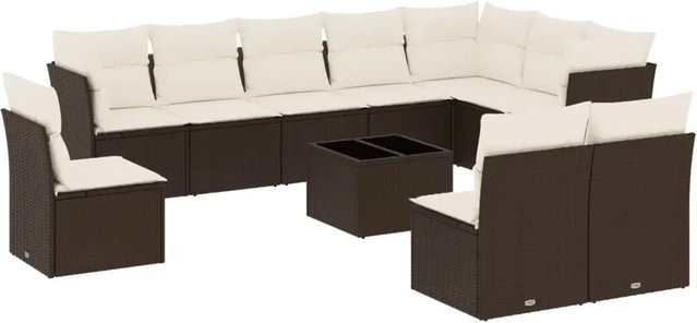 vidaXL 11-tlg. Garten-Sofagarnitur in U-Form aus Polyrattan mit Kissen, Braun - Bild 1