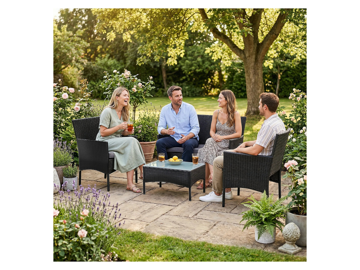 Juskys Polyrattan Gartenmöbel-Set Fort Myers in Schwarz mit Tisch, Sofa, 2 Stühlen und Auflagen in Dunkelgrau - Bild 2