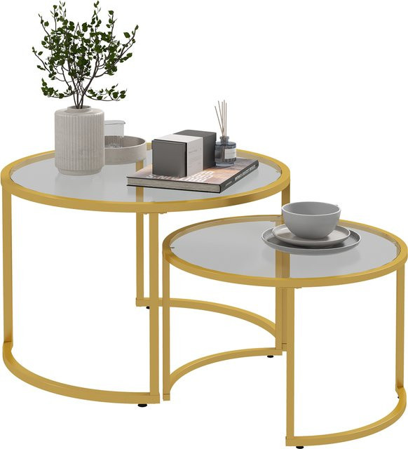 Aosom Set mit 2 runden einbettbaren Beistelltischen aus Glas und Kohlenstoffstahl in Gold und Transparent, Durchmesser: 70 cm und 54 cm - Bild 1