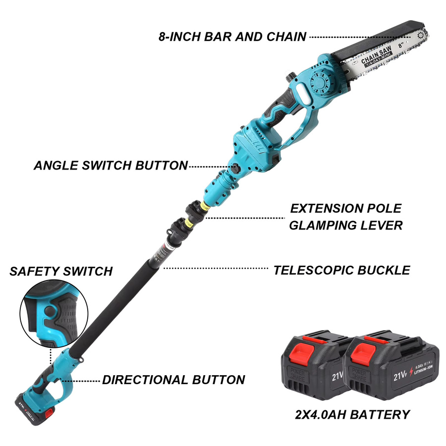 OWJHE 2-in-1 Akku-Holzsäge und Mini-Kettensäge mit 8 Zoll Schachtel, inklusive 2 Akkus und Verlängerungsstange als Astschere und Baumschneidemaschine, Blau - Bild 2