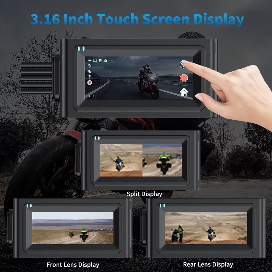 Motorrad Dash Cam Recorder mit Touchscreen, WiFi, GPS und Doppel-Objektiv in Full HD 1080p, wasserdicht, Schwarz - Bild 2