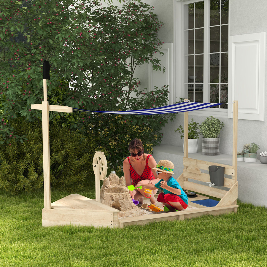 Outsunny Sandkasten aus Holz in Schiff Design mit Abdeckung und Küchenspielset, Farbe: Braun, B/T/H: 180 x 103 x 144,5 cm - Bild 2