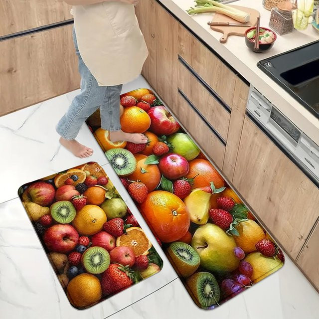 Waschbarer L-förmiger Küchenteppich mit buntem Frucht- und Blumenmuster in Multicolour - Bild 1