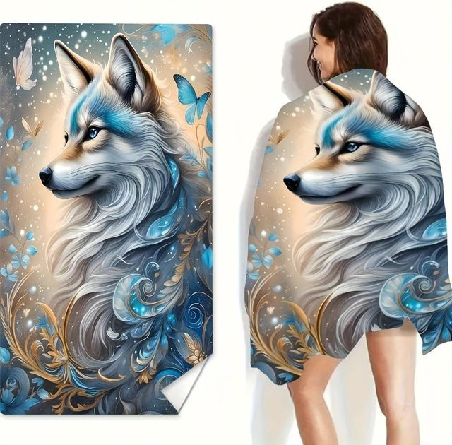 Luxuriöses Wolfshund Strandtuch aus Mikrofaser mit Kunstmuster von JMG Household Supplies, schnelltrocknend, Multicolour, Breite: 50 cm, Länge: 100 cm - Bild 1